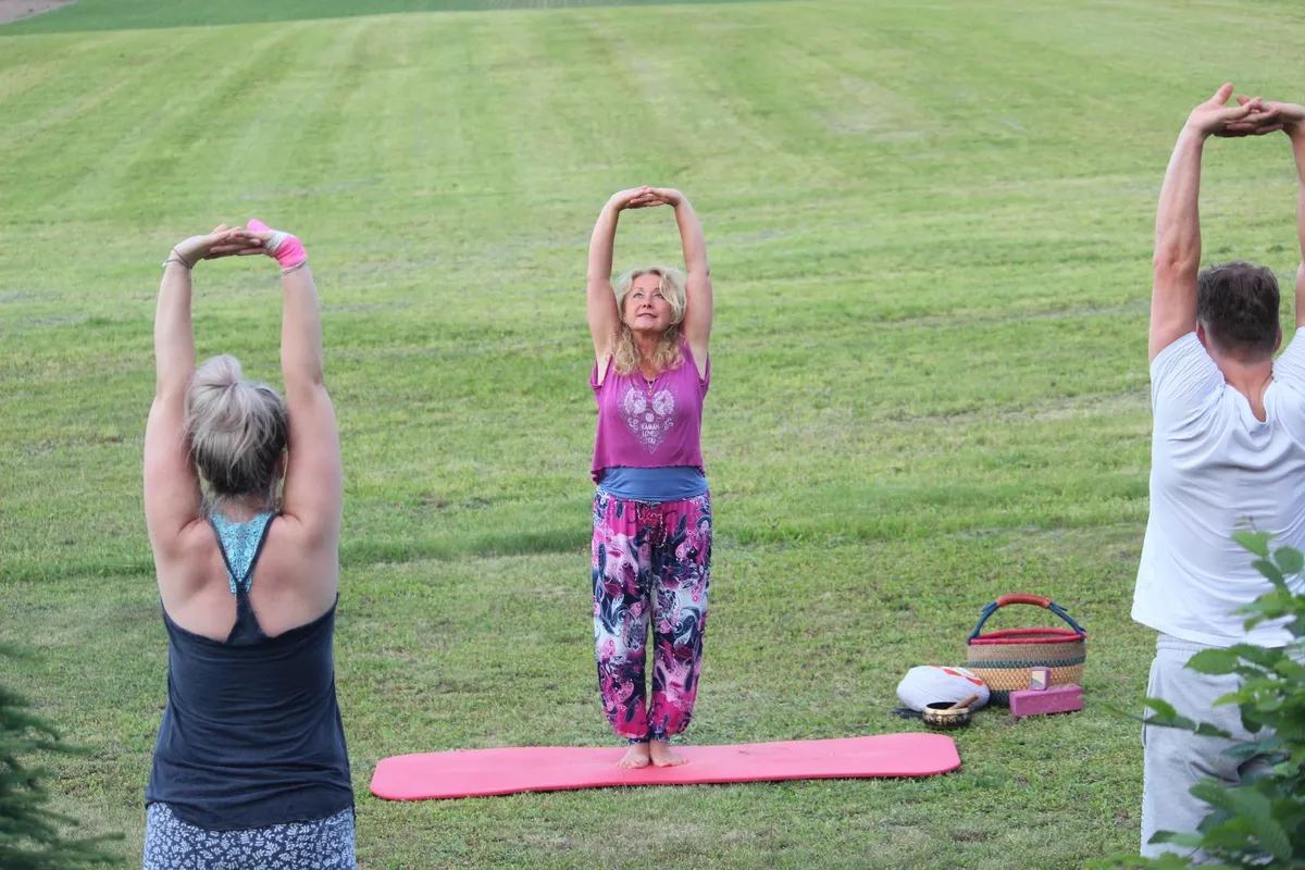 Yogagruppe streckt sich auf einer Sommerwiese mit erhobenen Armen