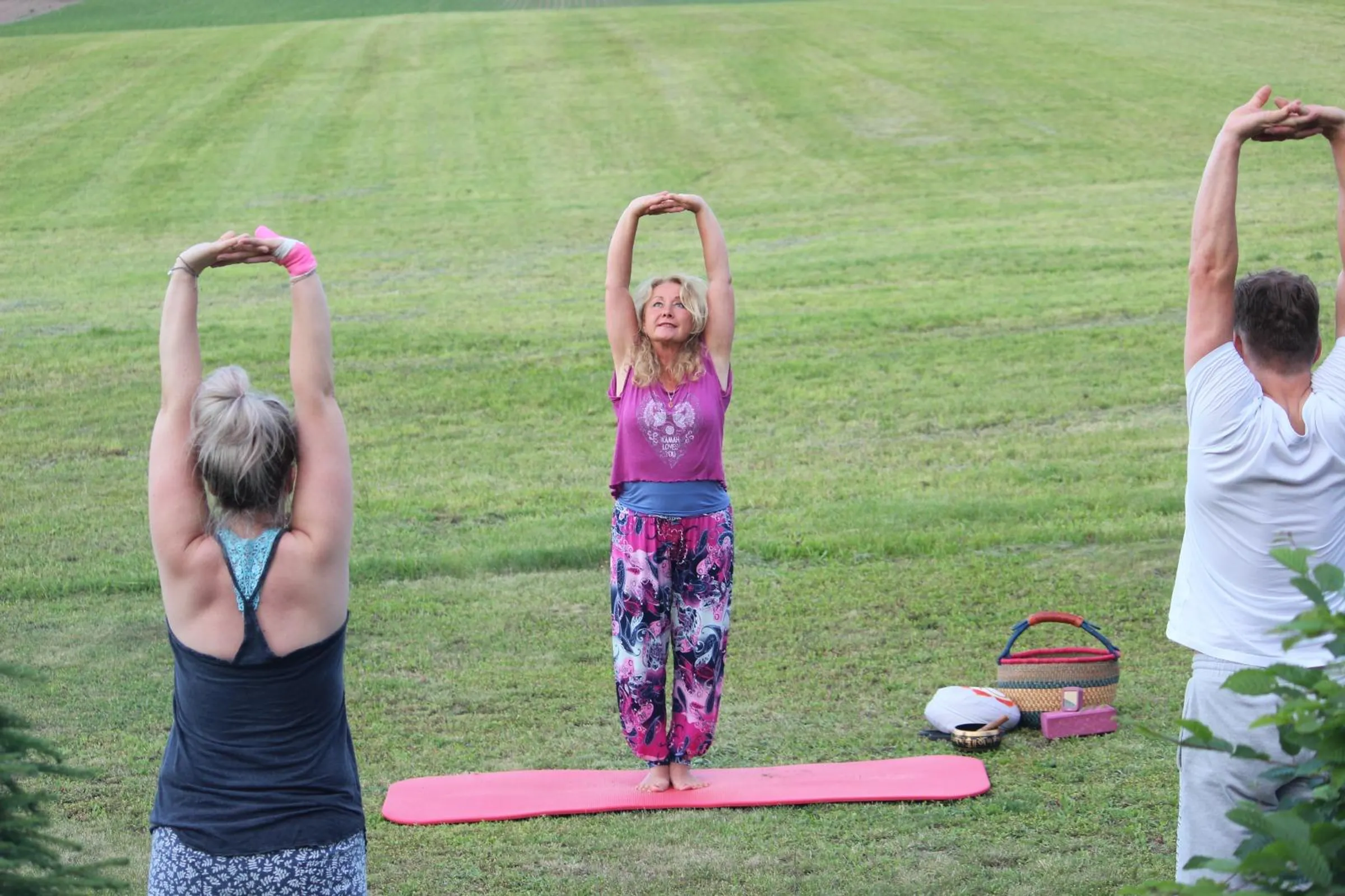 Yogagruppe bei einer Dehnübung auf einer weiten, grünen Wiese